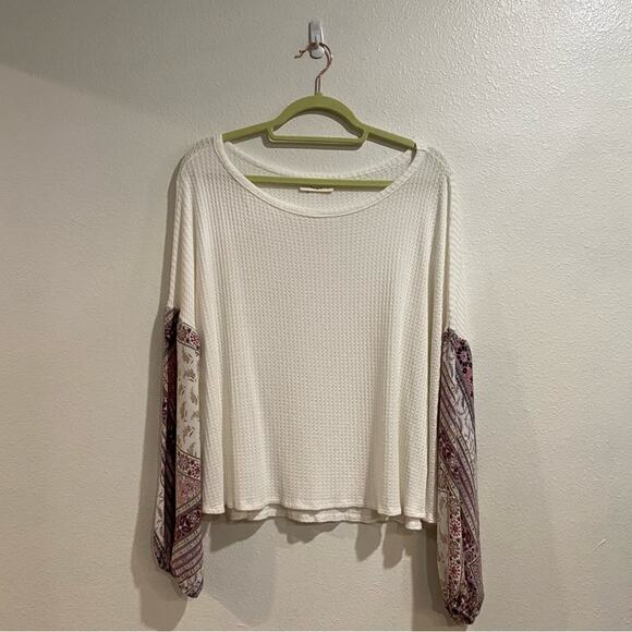 Lavender Field White Waffle Knit Balloon Sleeve Top Sz L - Picture 1 of 10